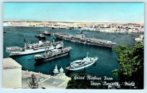 RPPC  UPPER BARRACCA, MALTA ~ Tinted View GRAND HARBOUR Real Photo Postcard