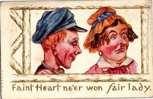 Faint Heart Ne'er Won Fair Lady Embossed c1910 Vintage Postcard F07