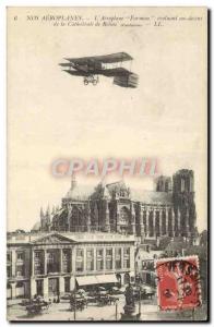 Old Postcard Jet Aviation Airplane Farman evolving over the cathedral of Reims