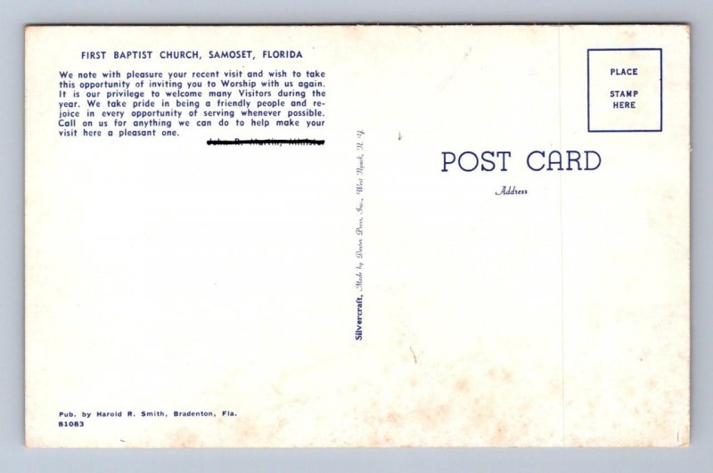 FIRST BAPTIST CHURCH SAMOSET FLORIDA DEXTER PRESS POSTCARD (c.1940s)