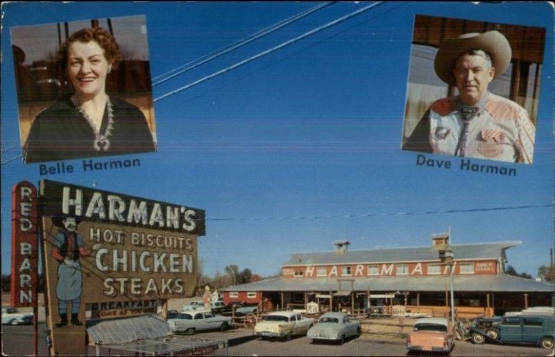 Mesa AZ Harman's Red Barn Restaurant 50s Cars Neon Sign Postcard