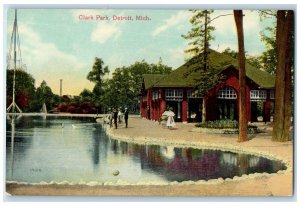 c1910 Clark Park Pond Lakes Fountain Pavilion Trees Detroit Michigan Postcard