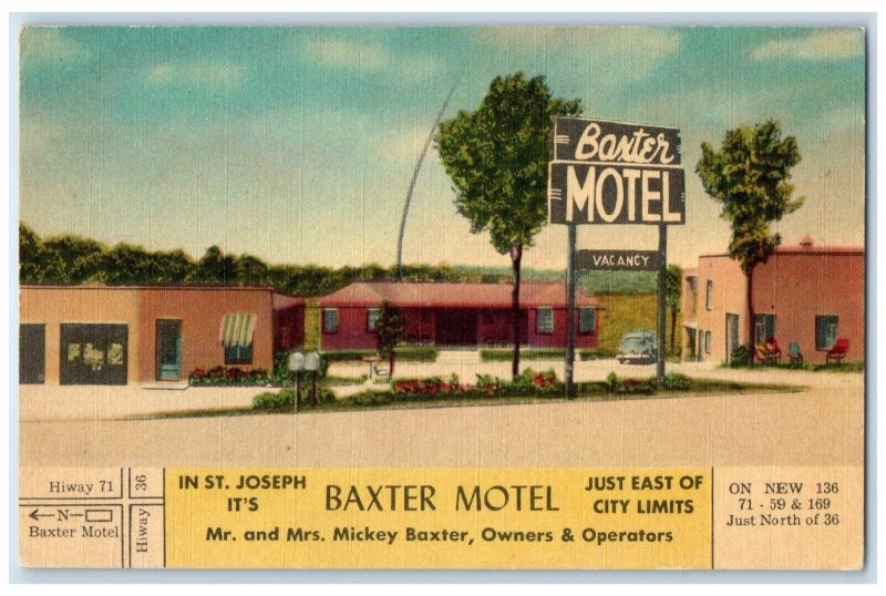 c1940 Baxter Motel Mickey Baxter Exterior Building St. Joseph Missouri Postcard