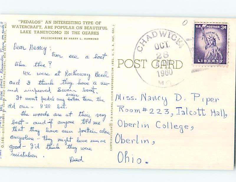 1950's OZARKS VINTAGE PADDLEBOAT ON LAKE TANEYCOMO Postmarked Chadwick MO hp6266