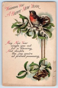 New Year Postcard Song Bird And Mistletoe Ringing Bells Wolf c1910's Antique