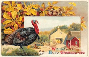 Thanksgiving Greetings Turkey Farm Squirrel Veen Hiet Art embossed postcard B990