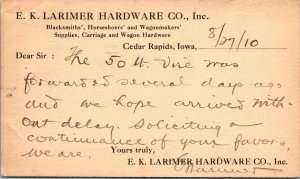 Postcard E.K. Larimer Hardware Company in Cedar Rapids, Iowa~132384