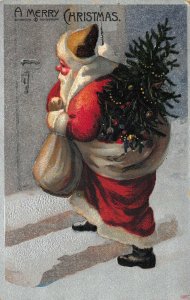 Red Suited Santa Claus A Merry Christmas Tree Bag of Toys Postcard #8057