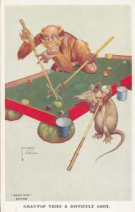 Monkey & Mouse Playing Snooker Old Comic Humour Postcard