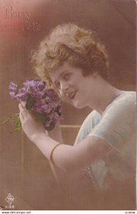 RP: BIRTHDAY, 1900-10s; Bonne Fete, Woman holding bouquet of purple flowers