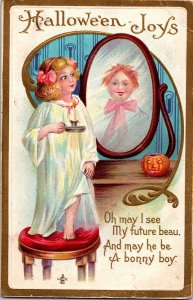 Vintage Adorable Little Girl & Boy, Mirror, Romantic Antique Halloween Postcard