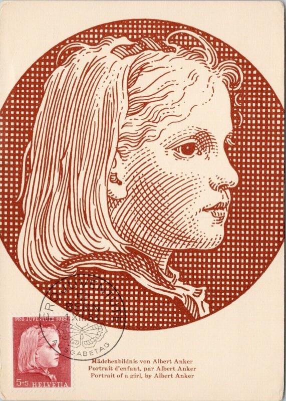 Portrait Of A Girl by Albert Anker with Helvetia Stamp Postcard D59 