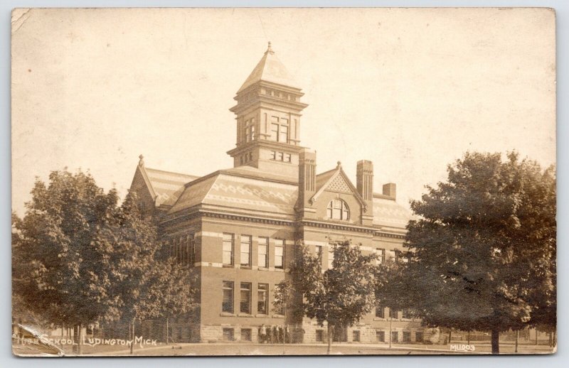 Ludington MI Design on Mansard Roof~High School~Big Tower RPPC 1940s CR Childs 