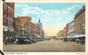 Concord New Hampshire 1930s Postcard Main Street Cars Stores Radio Station