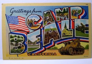 Greetings From Camp Beale California Large Letter Linen Postcard Flag Tank 1944