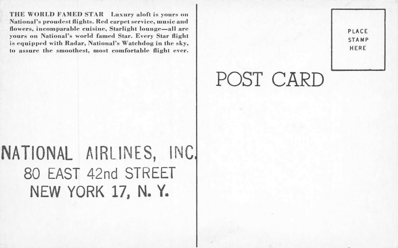 National Airlines Star Airplane, early postcard, unused 