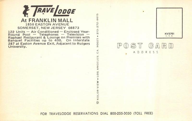 SOMERSET, NJ New Jersey  TRAVELODGE at FRANKLIN MALL Aerial  ROADSIDE   Postcard