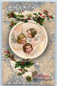 John Winsch Signed Artist Postcard Christmas Greetings Holly Berries Angels 1910