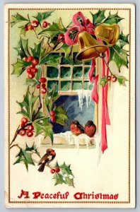 A Peaceful Christmas, Robins, Window, Bells, Holly, Antique 1912 Tuck Postcard