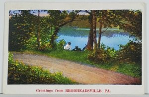 PA Greetings from BRODHEADSVILLE Lake Scene 1936 to Poughkeepsie NY Postcard Q10