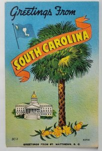 SC St. Matthews Banner Greetings from South Carolina Palm Flag Postcard S19