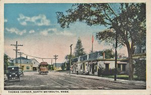 North Weymouth MA Thomas Corner Trolley Storefronts Old Cars Postcard