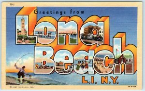 Large Letter Linen LONG BEACH, LONG ISLAND New York NY c1940s Curteich Postcard