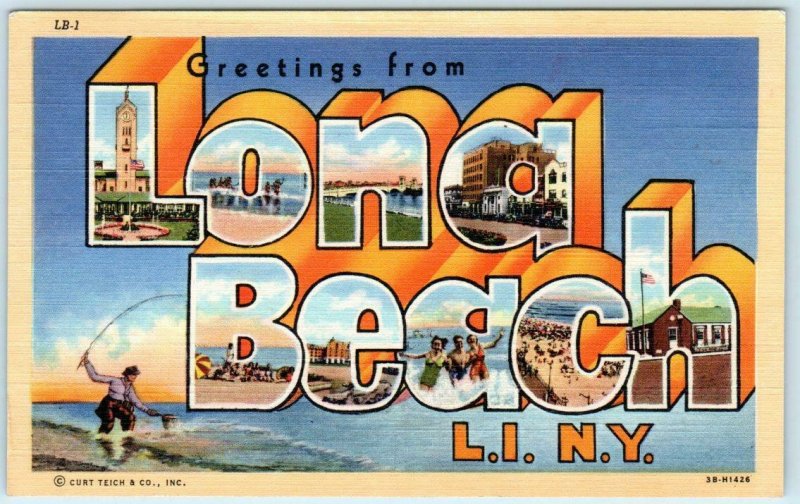 Large Letter Linen LONG BEACH, LONG ISLAND New York NY c1940s Curteich Postcard