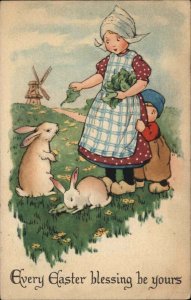Gibson Easter Little Dutch Girl and Brother with Bunnies Vintage Postcard