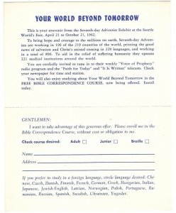 c1962 Seattle World’s Fair Bible Correspondence Course Advertisement Postcard