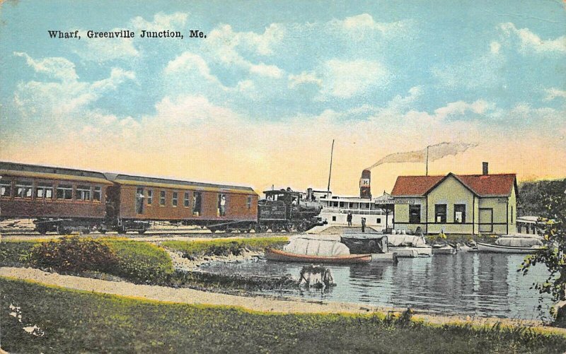 Greenville Junction ME Railroad Station Train Depot & Ship at Wharf