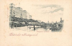 Navigation themed postcard Hungary Budapest harbor steam vessels and hotel 1900s