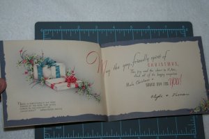 VINTAGE 1940s WWII ERA Christmas Greeting Holiday Card GLITTER PRESENTS HOLLY