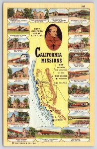 Map Showing The Location Of California Missions Historical Monuments Postcard