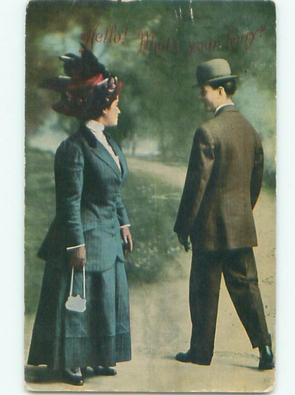 Pre-Linen Fashion WOMAN WITH HAT & HANDBAG PURSE SAYS HELLO AB7977