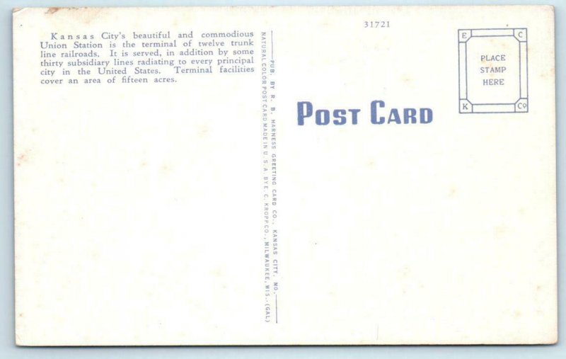 2 Postcards KANSAS CITY, MO ~ Railroad Depot UNION STATION Night/Day c1940s