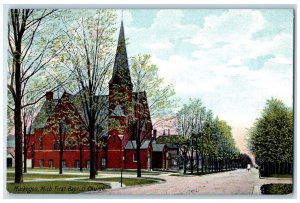 c1910 First Baptist Church Exterior Building Muskegon Michigan Vintage Postcard 