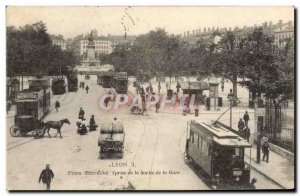 Postcard Old Tram Train Lyon Perrache taking up the station exit