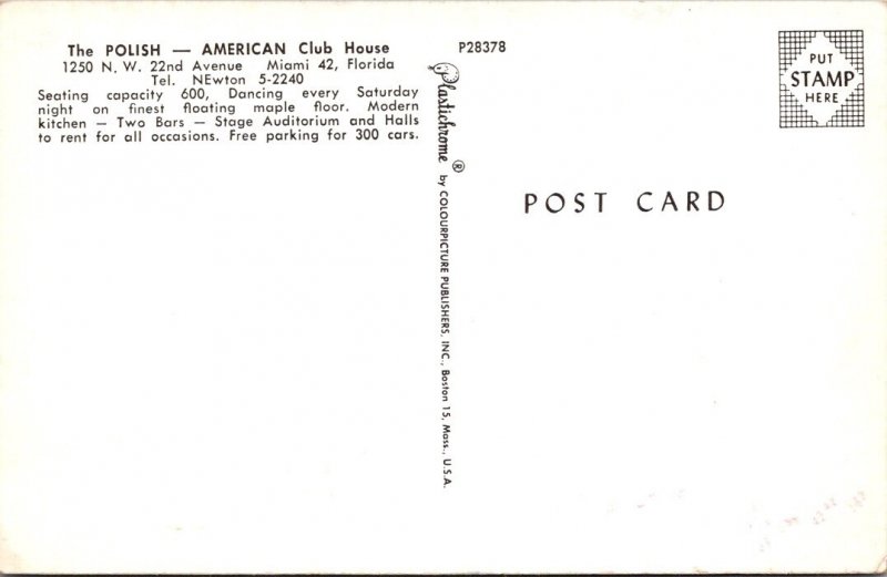 Vintage Postcard POLISH - AMERICAN Club House Miami FL JV10