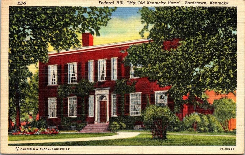 Federal Hill Old Kentucky Home Bardstown KY Linen Postcard PM Cancel WOB Note 