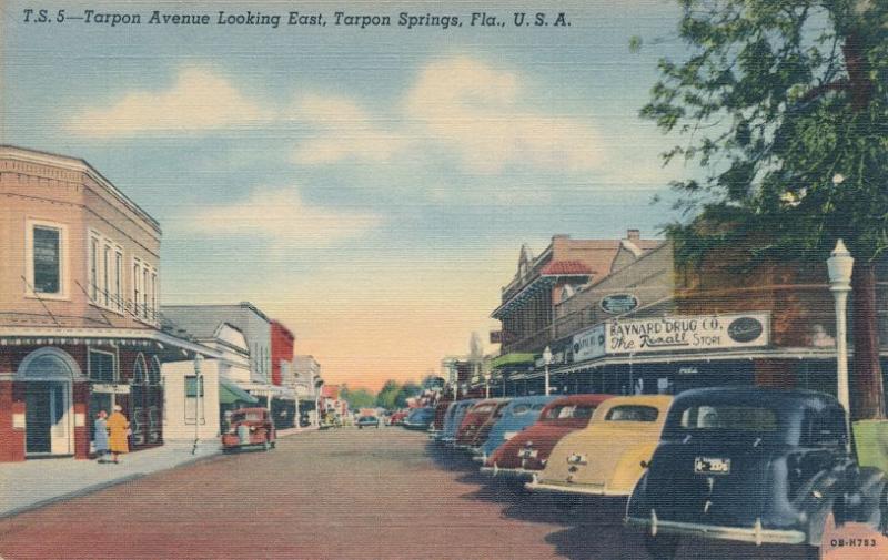 Old Autos and Rexall Drug Store on Tarpon Avenue Tarpon Springs FL Florida Linen