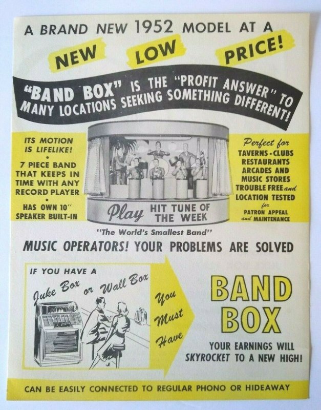 Chicago Coin Band Box Jukebox FLYER 1952 Original Animated Manikin Musicians NOS