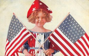 Patriotic 4th of July Girl & US Flags 1909 West Bethel, Maine Antique Postcard