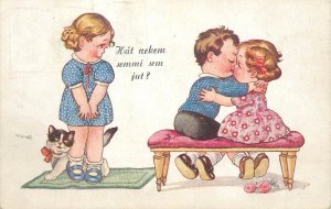 Comic drawn children greetings postcard Hungary jealous jealously girl kiss