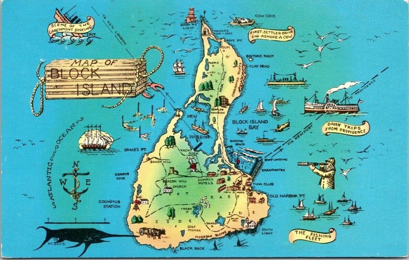 Block Island Map Rhode Island New England Cities Ships Fish DB Postcard 