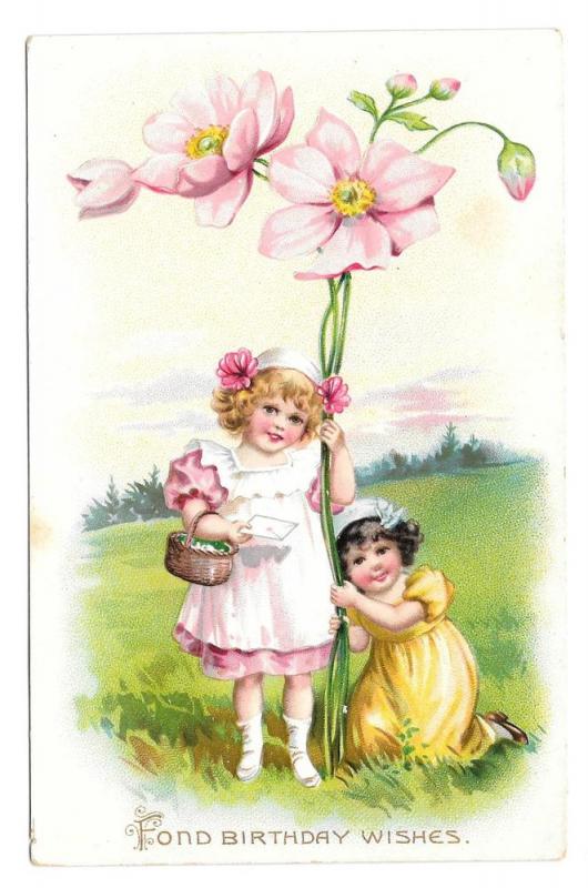 Tuck Fantasy Birthday Postcard Girls Giant Pink Flowers