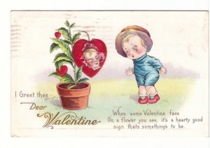 I Greet Thee Dear Valentine, Face On Flower, Boy, Hearts, Antique 1916 Postcard