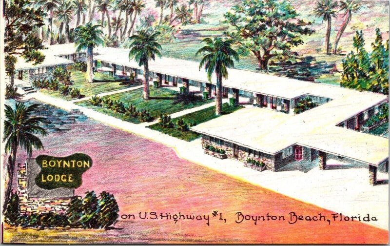Boynton Beach Florida Fl Lodge Motel Tropical Trees High View Postcard Unused 