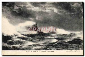 Old Postcard Lighthouse sea dyke The heavy weather