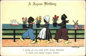 Kaskeling Birthday Dutch Children Silhouette Folk Art Vintage Postcard